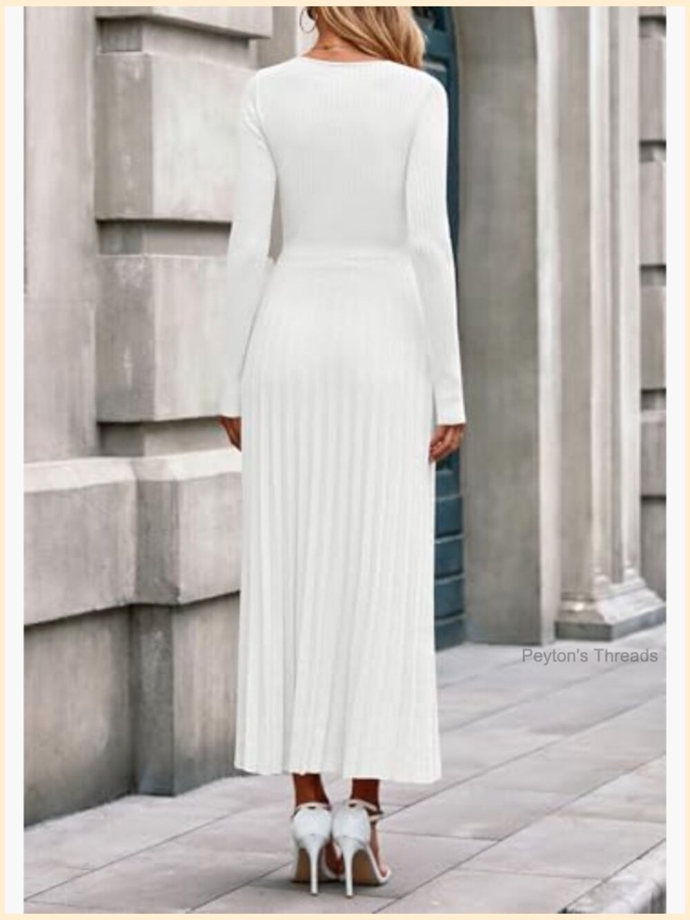 Long Sleeve V-Neck Ribbed Knit Pleated A-Line Maxi Sweater Dress - Picture 5 of 7